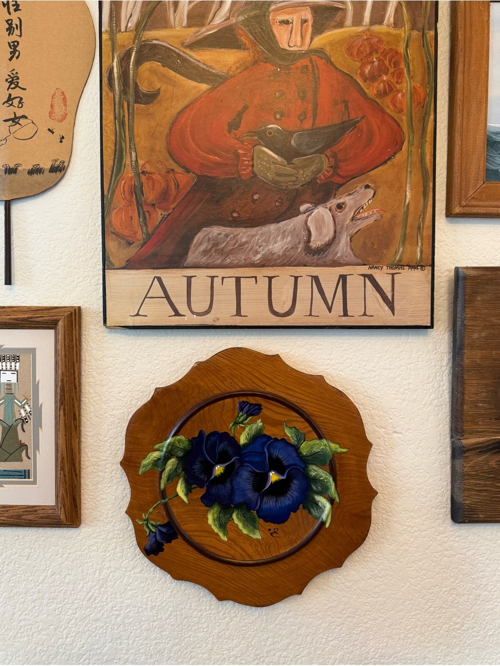 Vintage ‘89 Hand-Painted Pansy Wooden Wall Plaque in Deep Blue